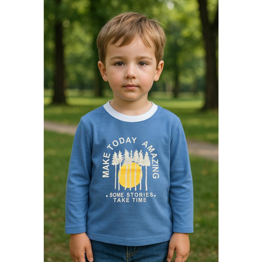 Luess Erkek Çocuk %100 Pamuk Baskılı Uzun Kollu Tişört - Açık Mavi (3-4 Yaş 8-9 Yaş) Erkek Çocuk T-shirt Fiyatı
