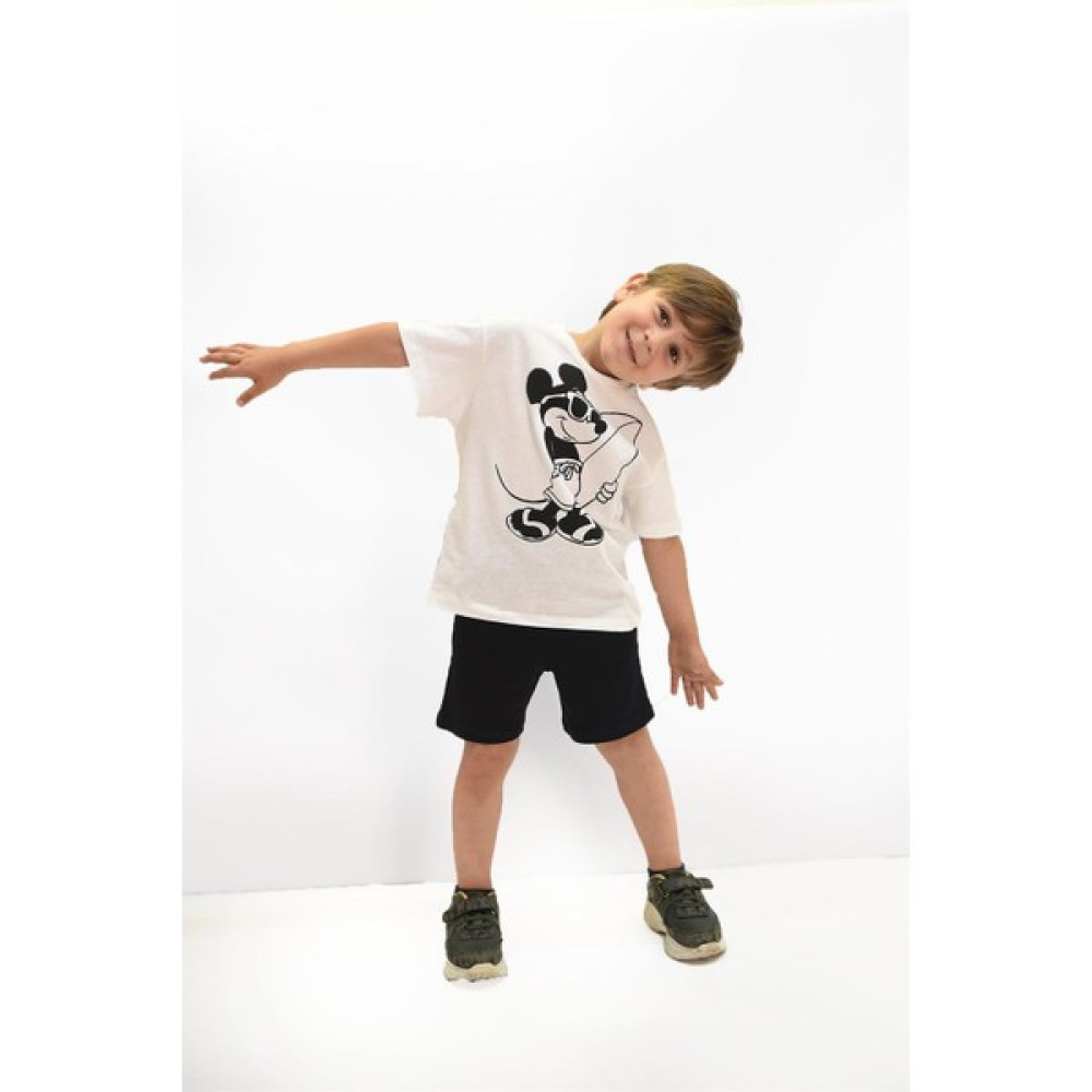 Luess Erkek Çocuk Fit Mickey Mouse Baskılı %100 Pamuk Kısa Kollu Tshirt V Şort Alt Üst Takım Erkek Çocuk Giyim Takımı Fiyatı