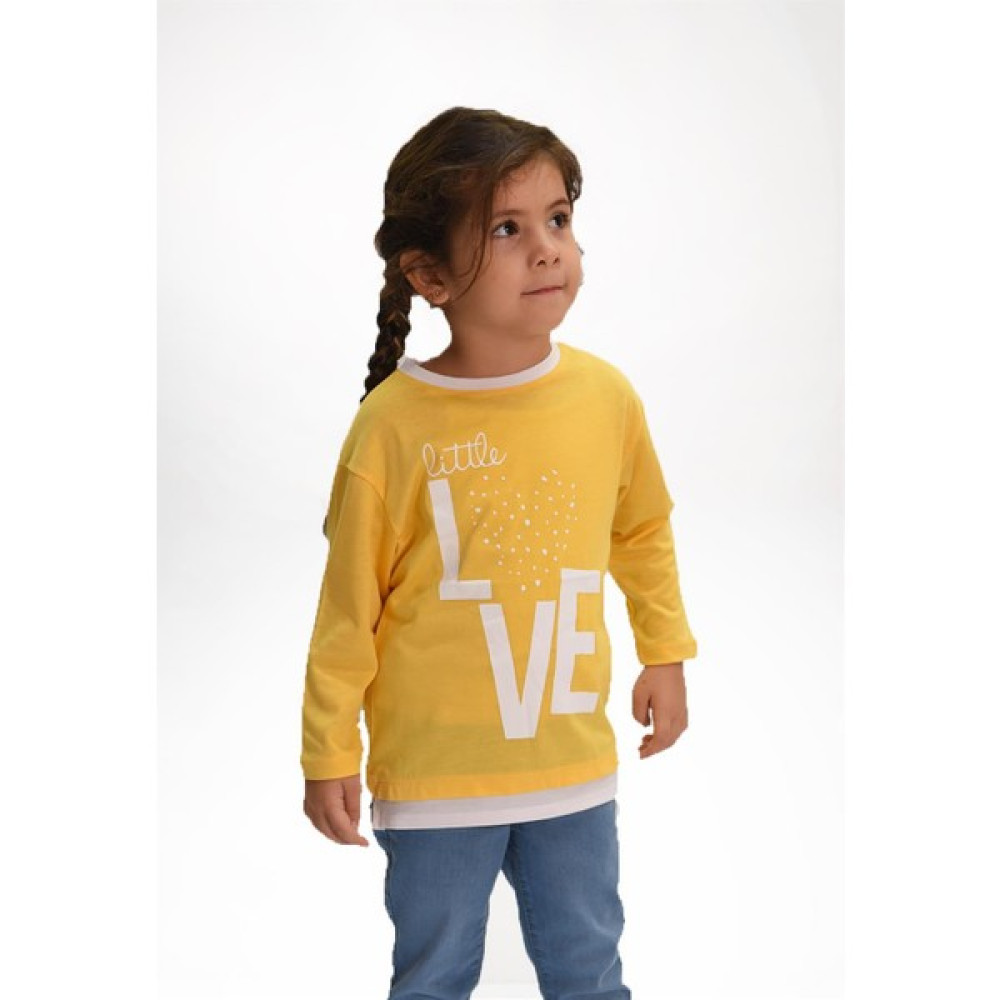 Luess Kız Çocuk Love Baskılı Ekru Garni Detaylı Uzun Kol Pembe T-Shirt Kız Çocuk T-shirt Fiyatı