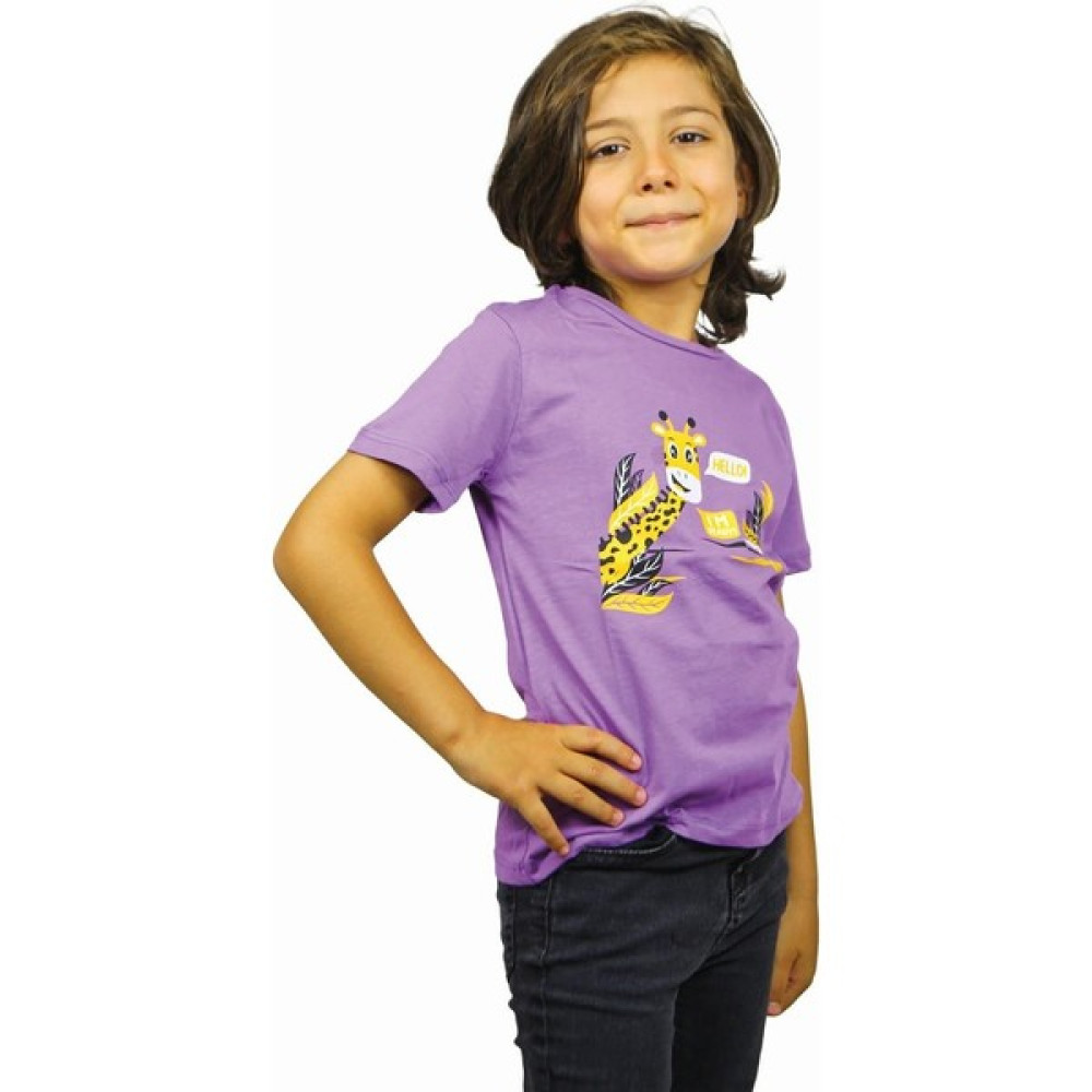 Lufigo Zürafa Desenli Mor Renk Kısa Kol Çocuk T-Shirt Erkek Çocuk T-shirt Fiyatı