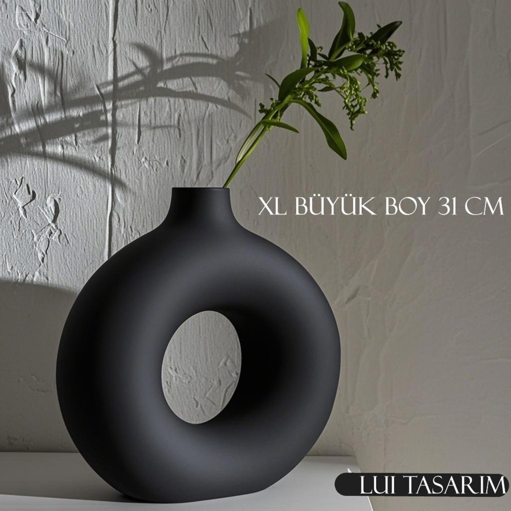 Lui Tasarım Bohem Xl Büyük Boy Seramik Nordic Tarz Siyah Sade Iskandinav Tarzı Donut Vazo Seramik 31*31CM SSD / Solid State Drive Fiyatı