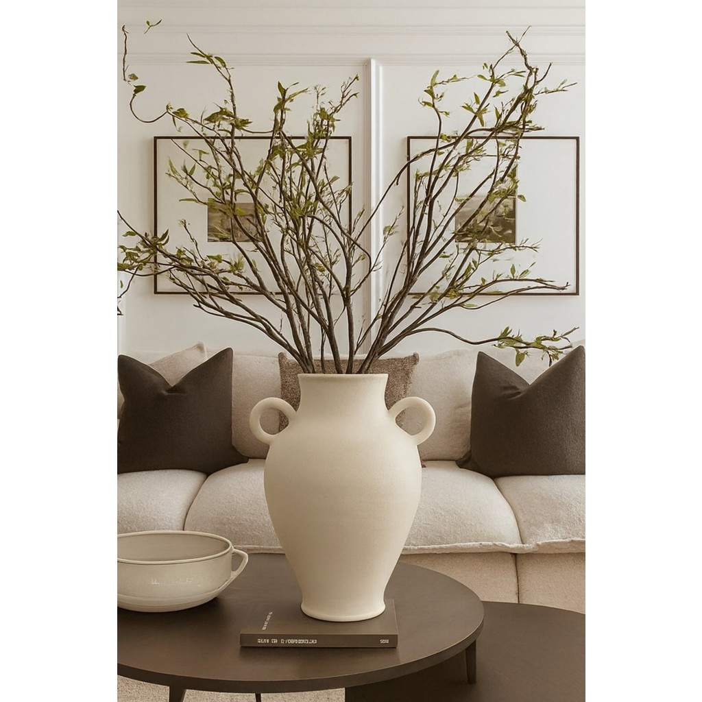 Lui Tasarım Modern Iskandinav Tarz Ev Dekorasyon El Yapımı Stoneware Vazo 27 cm - Bej Diğer Fiyatı