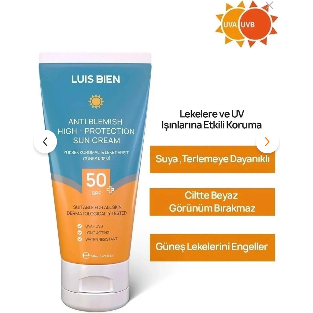 Luis Bien Yüksek Korumalı Leke Karşıtı Güneş Kremi 50 ml SPF 50+ Tüm Ciltler İçin Suya Dayanıklı Güneş Kremleri ve Losyonları Fiyatı
