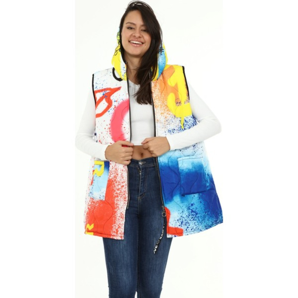 Luisido Kadın Beyaz Italyan Patchwork Desen Kapitoneli Kapüşonlu Oversize Yelek Kadın Yelek Fiyatı