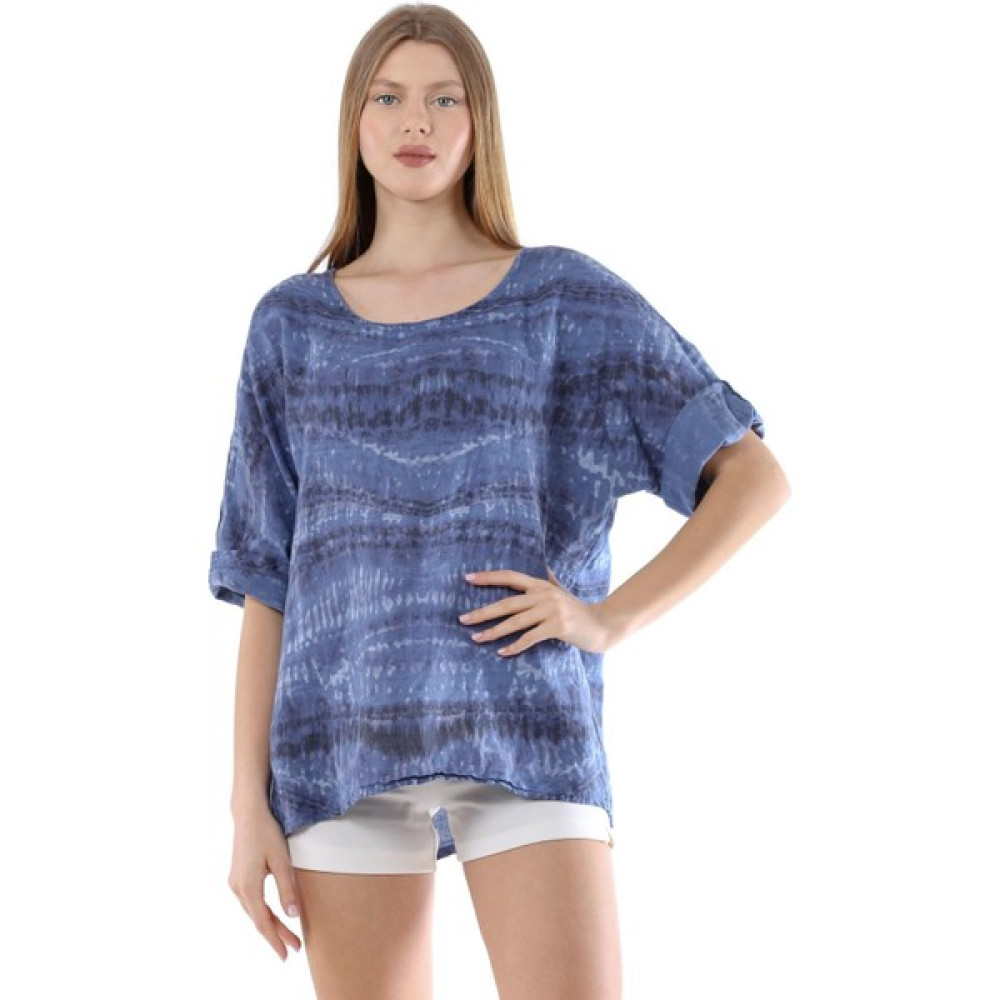 Luisido Kadın Mavi Italyan Batik Desenli Oversize Keten Bluz Bluz Fiyatı