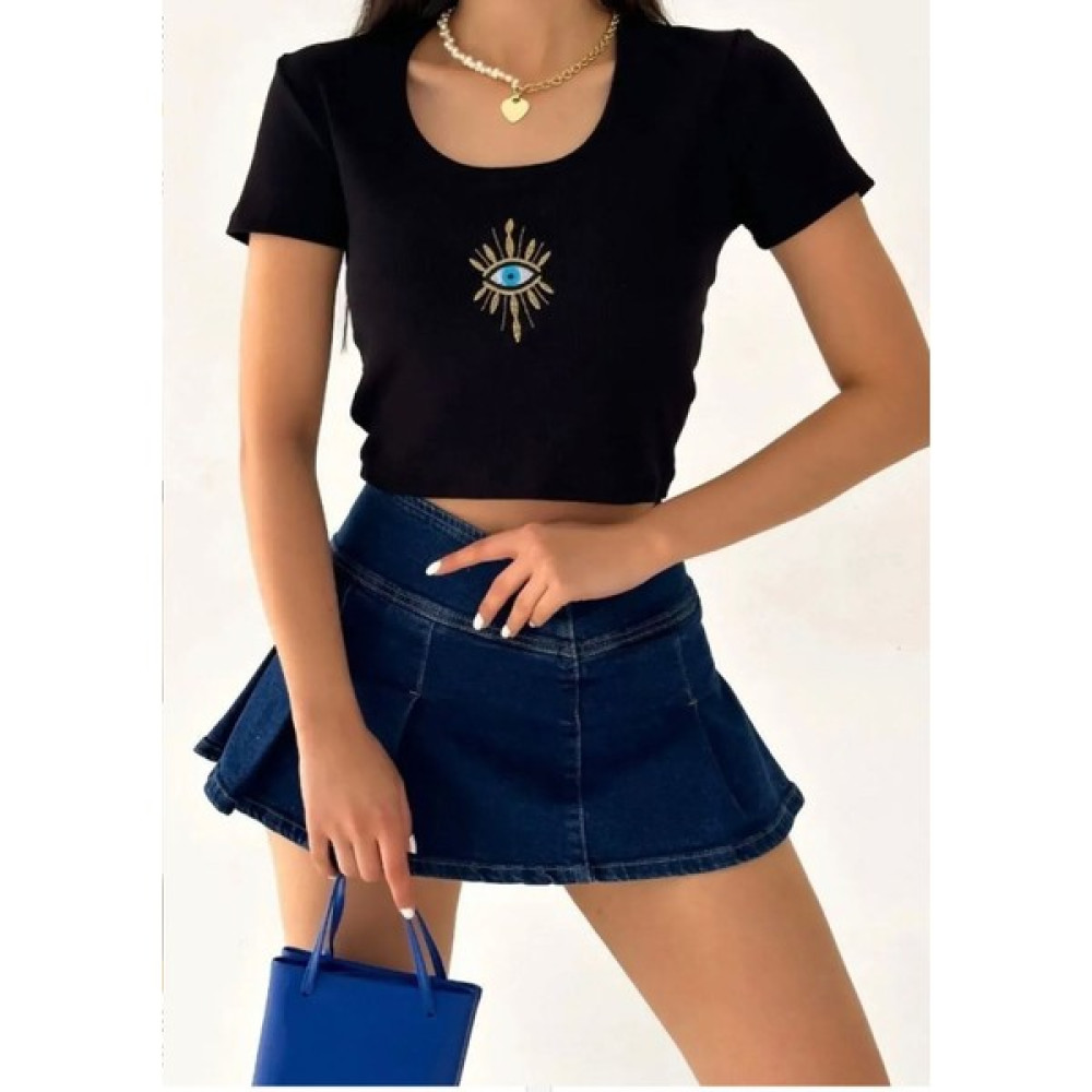 Luka Butik Kare Yaka Göz Nakışlı Crop Top Bluz Bluz Fiyatı