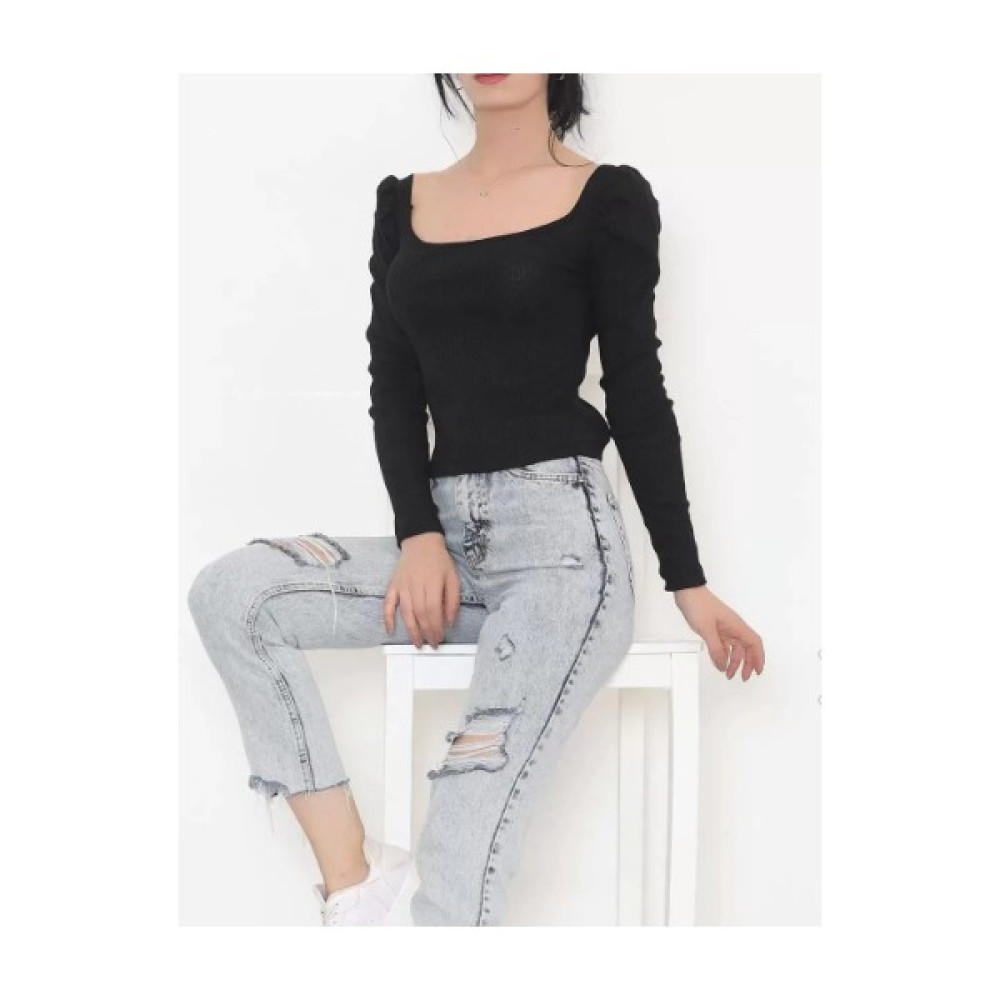 Luka Butik Siyah Uzun Kollu Kare Yaka Vücuda Oturan Basic Balon Kol Kolları Büzgülü Kaşkorse Örme Bluz Bluz Fiyatı