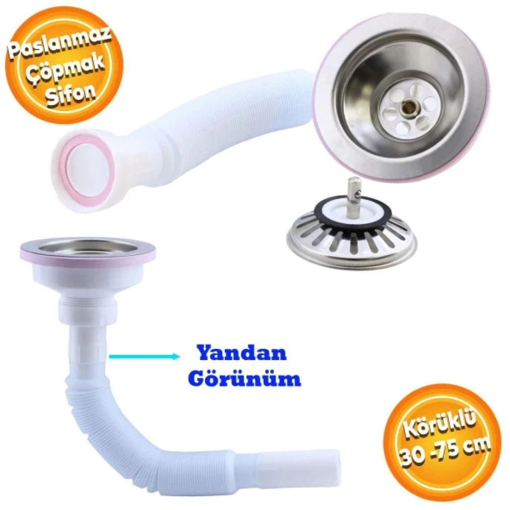 Luks Copmak Koruklu Evye Lavabo Sifonu Gider Borusu Akordiyon Plastik Genis Kafa Paslanmaz 30 -75 Cm Sifon Fiyatı