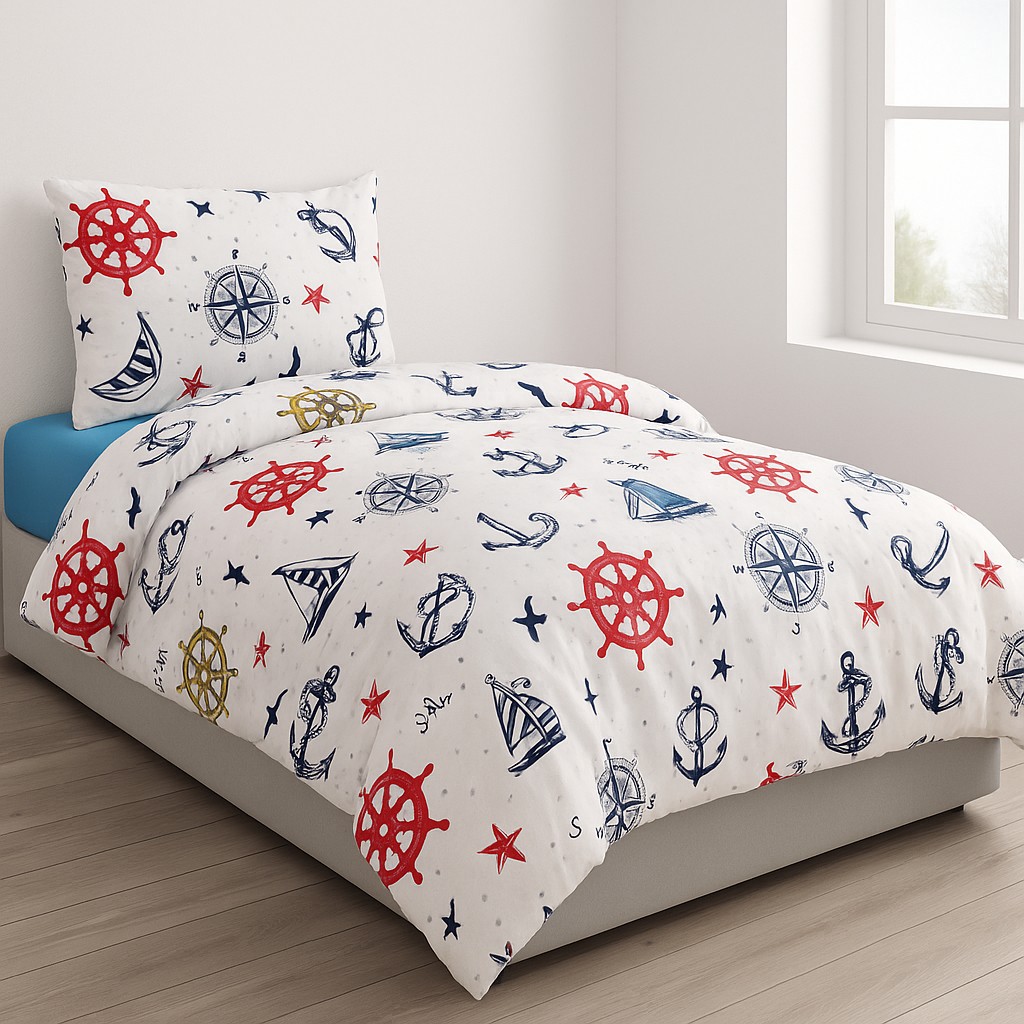 Lüks Dayanıklı Pamuklu Tek Kişilik Nevresim Takımı Çocuk Desen + Lastikli Çarşaf +1 Adet Yastık kılıflı - Beyaz - Lacivert - 160 x 220 cm Nevresim Takımı Fiyatı
