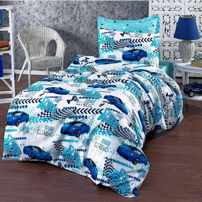 Lüks Dayanıklı Pamuklu Tek Kişilik Nevresim Takımı Çocuk Desen + Lastikli Çarşaf +1 Adet Yastık kılıflı - Beyaz - Mavi - 160 x 220 cm Nevresim Takımı Fiyatı