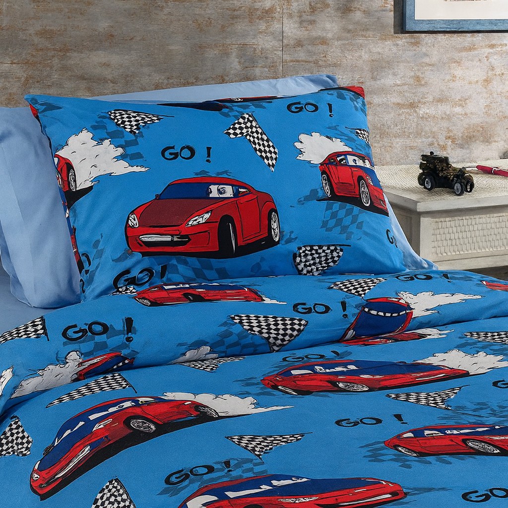 Lüks Dayanıklı Pamuklu Tek Kişilik Nevresim Takımı Çocuk Desen + Lastikli Çarşaf +1 Adet Yastık kılıflı - Mavi - Kırmızı - 160 x 220 cm Nevresim Takımı Fiyatı