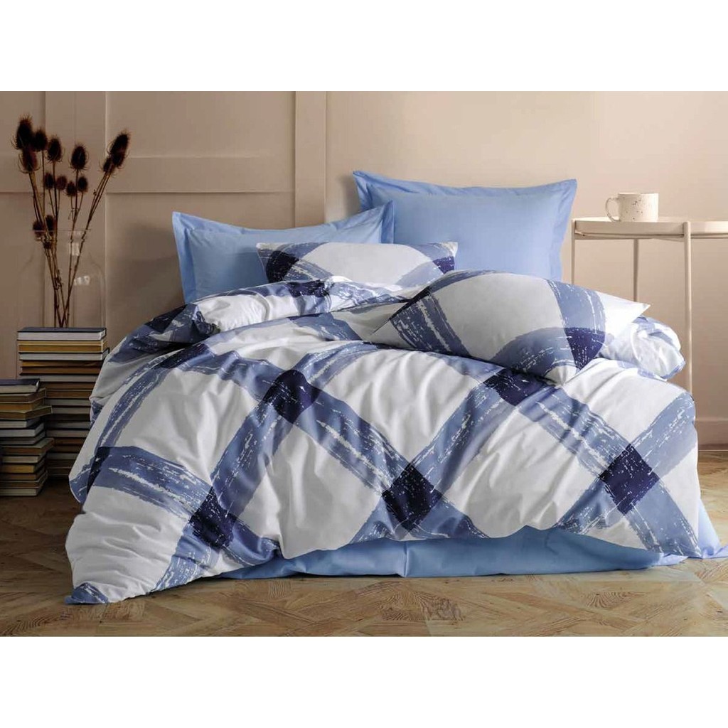 Lüks Dayanıklı Yumuşak Pamuklu Çift Kişilik Nevresim Takımı Seti + Lastikli Çarşaf +2 Yastık Kılıflı - 200 x 220 cm - Mavi - Beyaz Nevresim Takımı Fiyatı