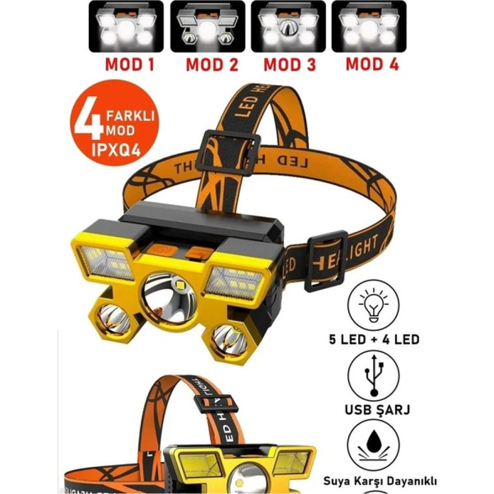 Lümen 1200 Cob 9 LED USB Şarjlıoynar Başlıklı Kafa Lambası 5 Modüllü Çakar Modlu CADDE5IN1AA 5450949 - Sarı Oto Boyaları Fiyatı