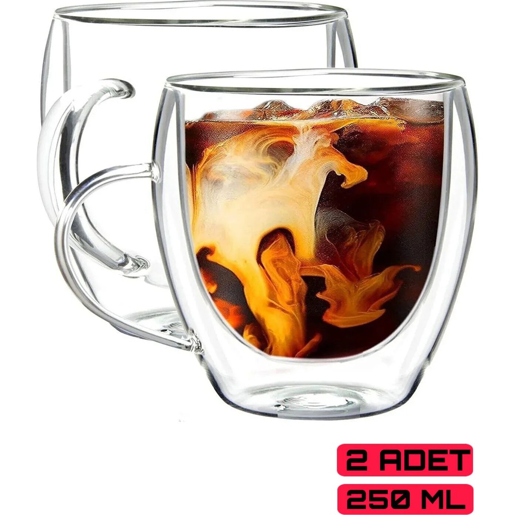 Lumindra 2 Adet Çift Cidarlı Kulplu Cam Çay Kahve Süt Kupa Borosilikat Bardak - Şeffaf - 250 ml Fincan / Bardak / Kahve Takımı Fiyatı