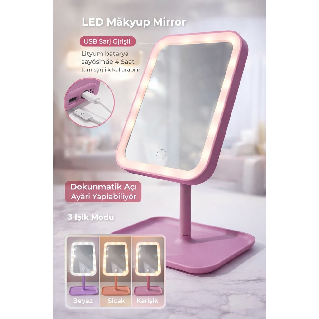 Lumindra Şarjlı LED Makyaj Aynası Dokunmatik Ayarlı 3 Renk Işıklı Masa Aynası Mor Diğer Fiyatı