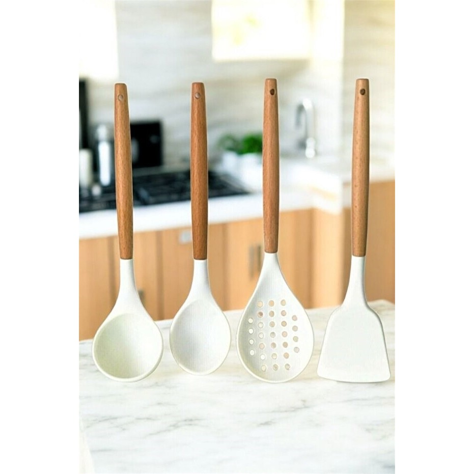 Lumindra Silikon Bambu Saplı 4 Parça Mutfak Servis Seti Kremrengi (Kepçe-Kaşık-Kevgir-Spatula) - Krem Rengi Çatal / Kaşık / Bıçak Takımları Fiyatı