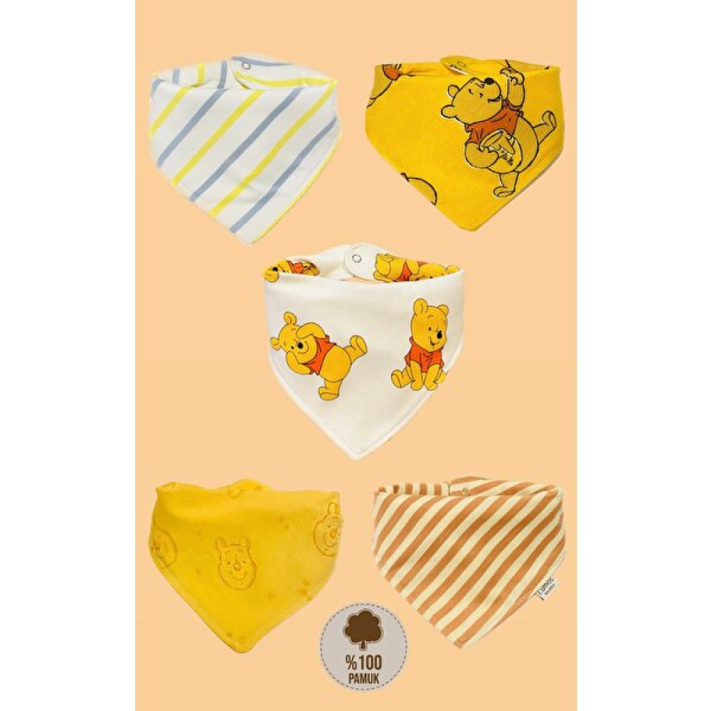 Lumos Trade Bebek %100 Pamuk Çift Katlı Winnie the Pooh Desenli Bebek Salya Önlük & Fular 5 Adet - 0 - 2 Yaş - Renkli Mama Önlüğü Fiyatı