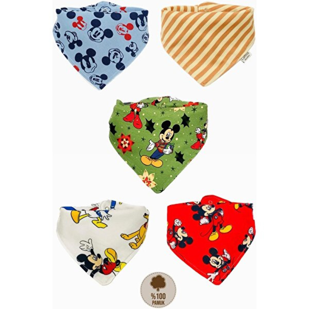 Lumos Trade Bebek Organik Kumaş Mickey Mouse Karakterli Fular Mama Önlüğü - Salya Önlüğü 5 Adet - 0 - 2 Yaş - Renkli Mama Önlüğü Fiyatı