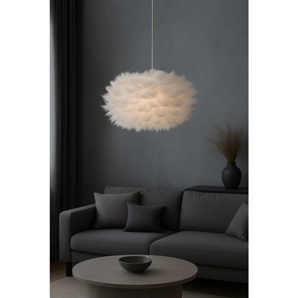 Luna Lighting Flora Model Tüylü Kumaş Modern Estetik Tekli Sarkıt Avize - Beyaz Avize Fiyatı