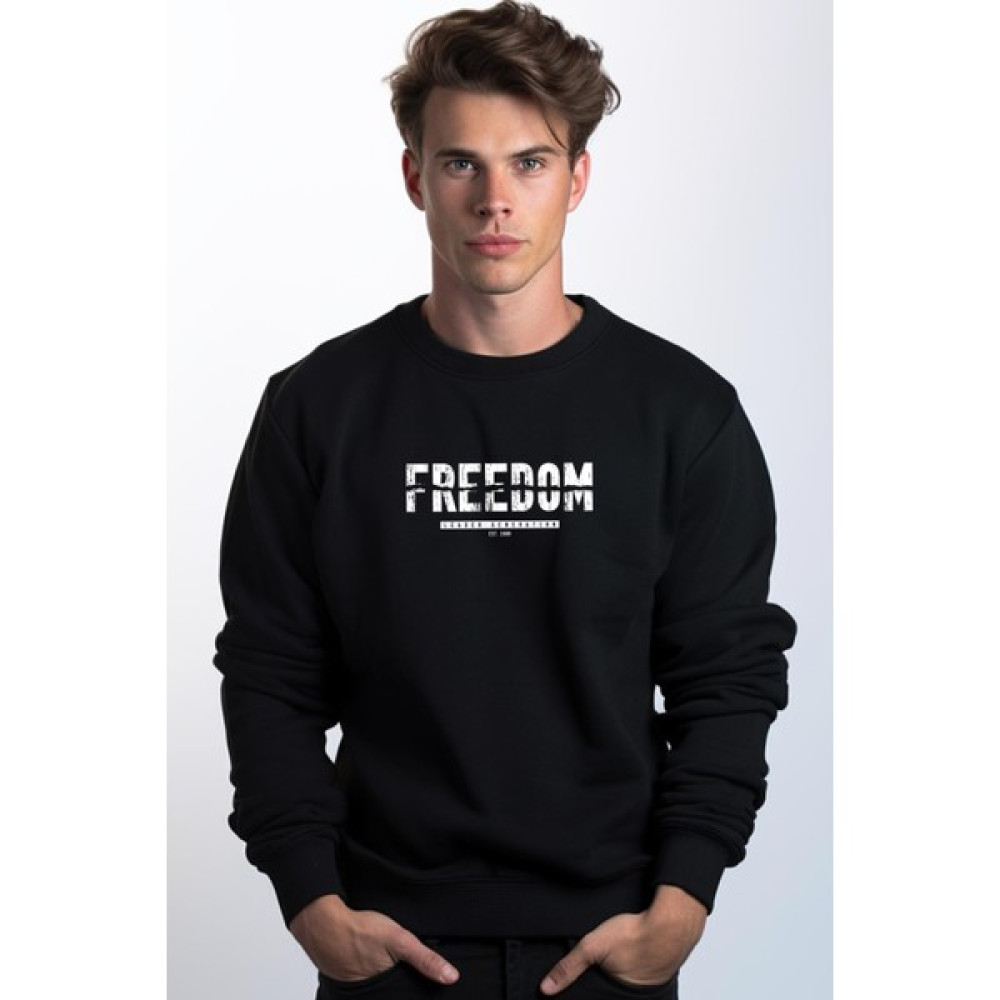 Lush Blood Erkek Siyah Freedom Baskılı %100 Pamuk 3 Iplik Oversize Salaş Bol Kesim Polar Sweatshirt Erkek Sweatshirt Fiyatı