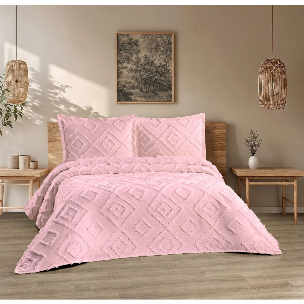 LUSSO Iskandinav Jasmin Pudra Çift Kişilik Yatak Örtüsü 250X260 ve 2 Adet Yastık Kılıfı - Pembe - 250 x 260 cm Yastık Kılıfı Fiyatı