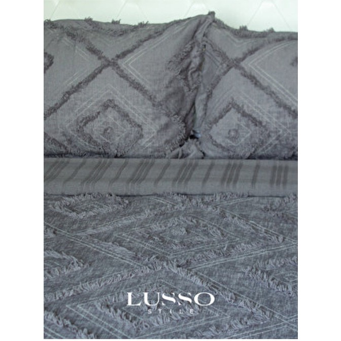 LUSSO Stile Antrasit Çift Kişilik Yatak Örtüsü 250X260 Geometrik Desenli Şönil Kumaş - 240 x 250 cm - Siyah Yatak Örtüsü Fiyatı