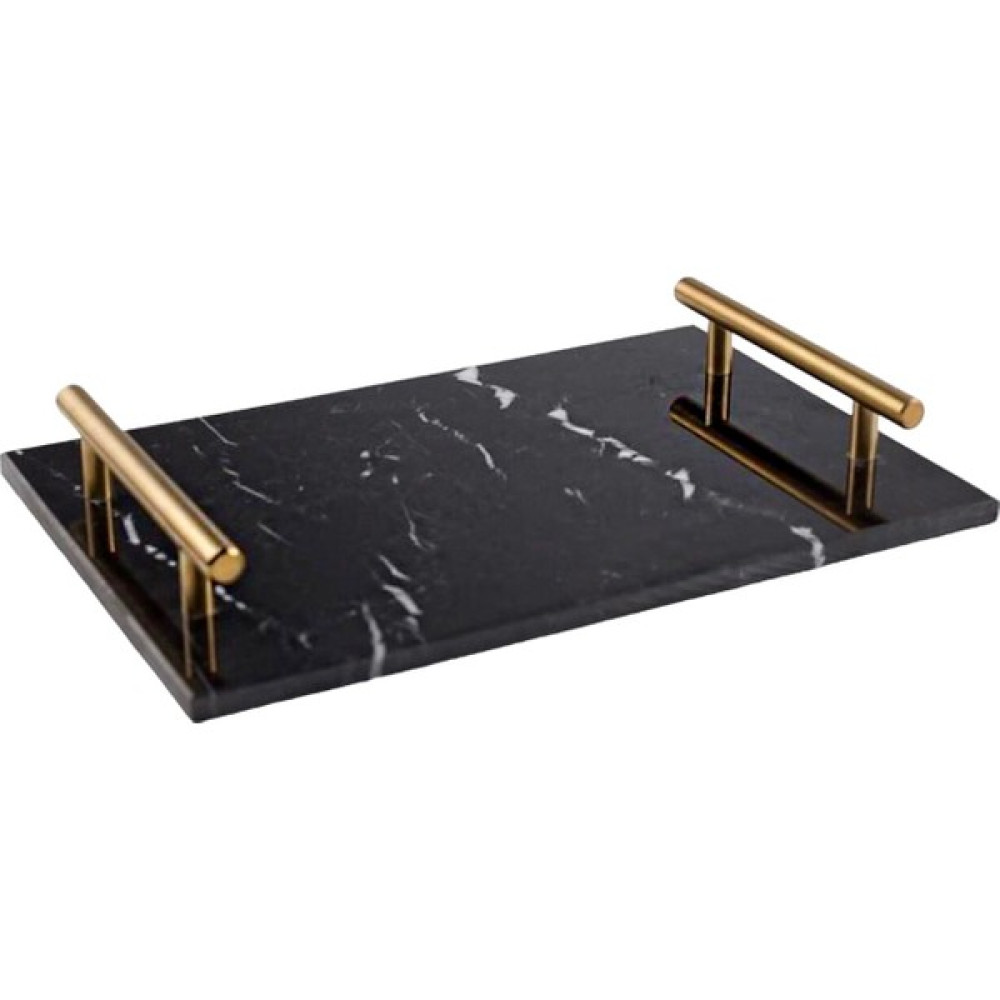 Lux And Marble Lux & Marble Black Piazza, Dikdörtgen Pirinç Kulplu Siyah Mermer Tepsi Servis Tepsisi Fiyatı