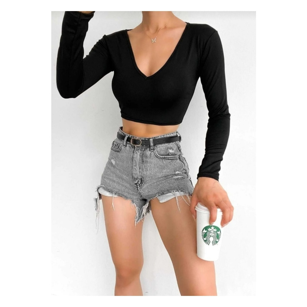Lux Collection Kadın Uzun Kollu V Yaka Crop Bluz - Kaşkorse - Fitilli / Vücuda Oturan Esnek L Beden Bluz Fiyatı