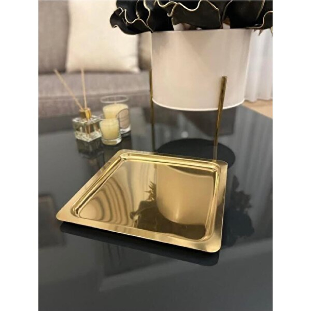 Lüx Kare Paslanmaz Çelik Gold Titanyum Kaplama Kahve, Çay, Dekoratif Sunum Servis Tepsisi 21X21 cm Servis Tepsisi Fiyatı