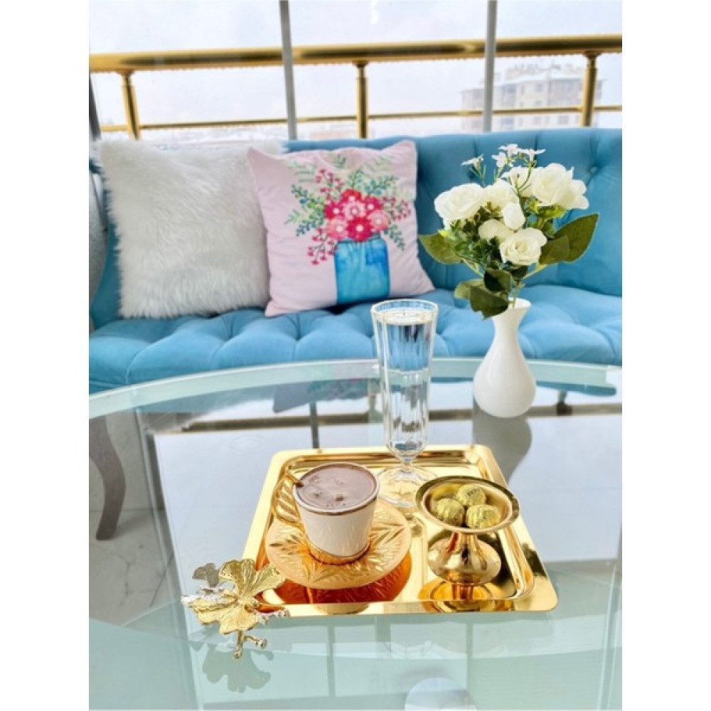 Lüx Kare Paslanmaz Çelik Kelebekli Gold Titanyum Kaplama Servis Çay Kahve Sunum Tepsisi 21X21 cm Servis Tepsisi Fiyatı