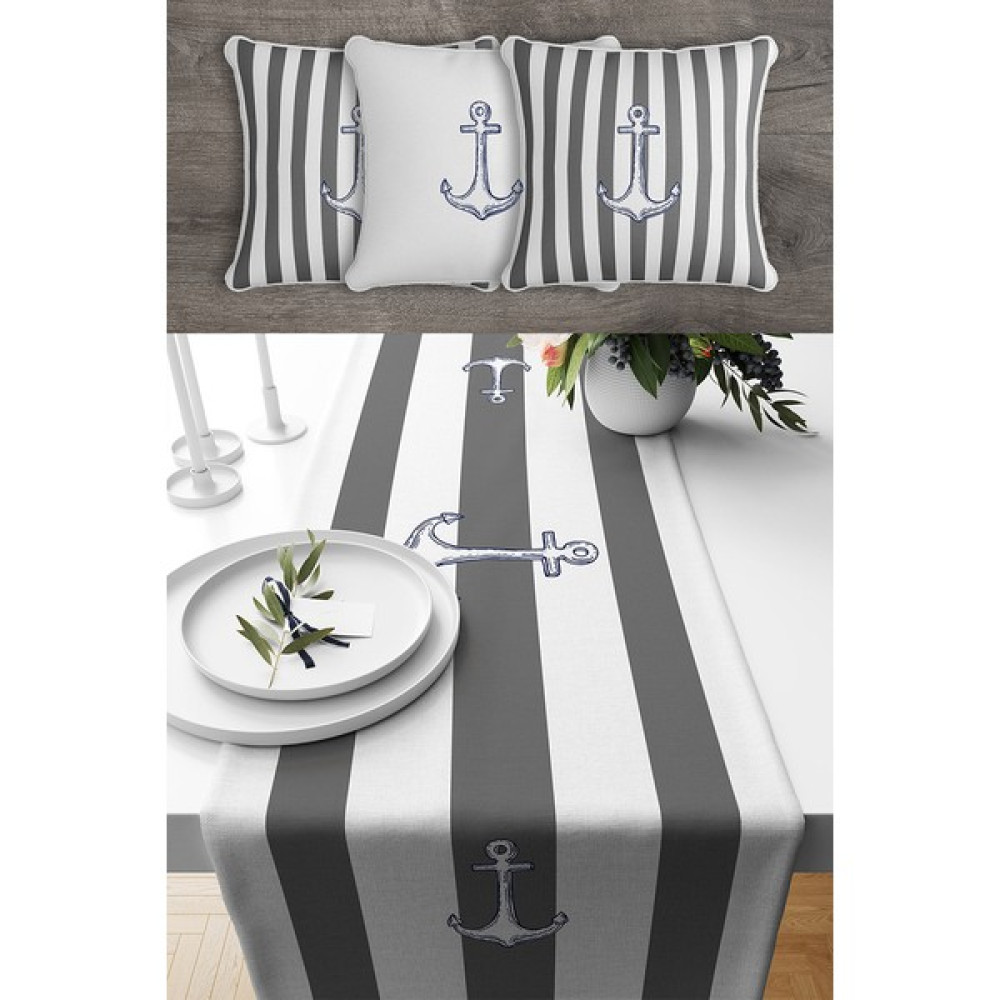 Lux Vie Marin Gri Çizgili Kırlent Runner Set Çift Tarafı Baskılı Kırlent Kılıfı ve Runner Set - 45 x 45 cm - Gri - Lacivert Kırlent / Mobilya Yastığı Fiyatı