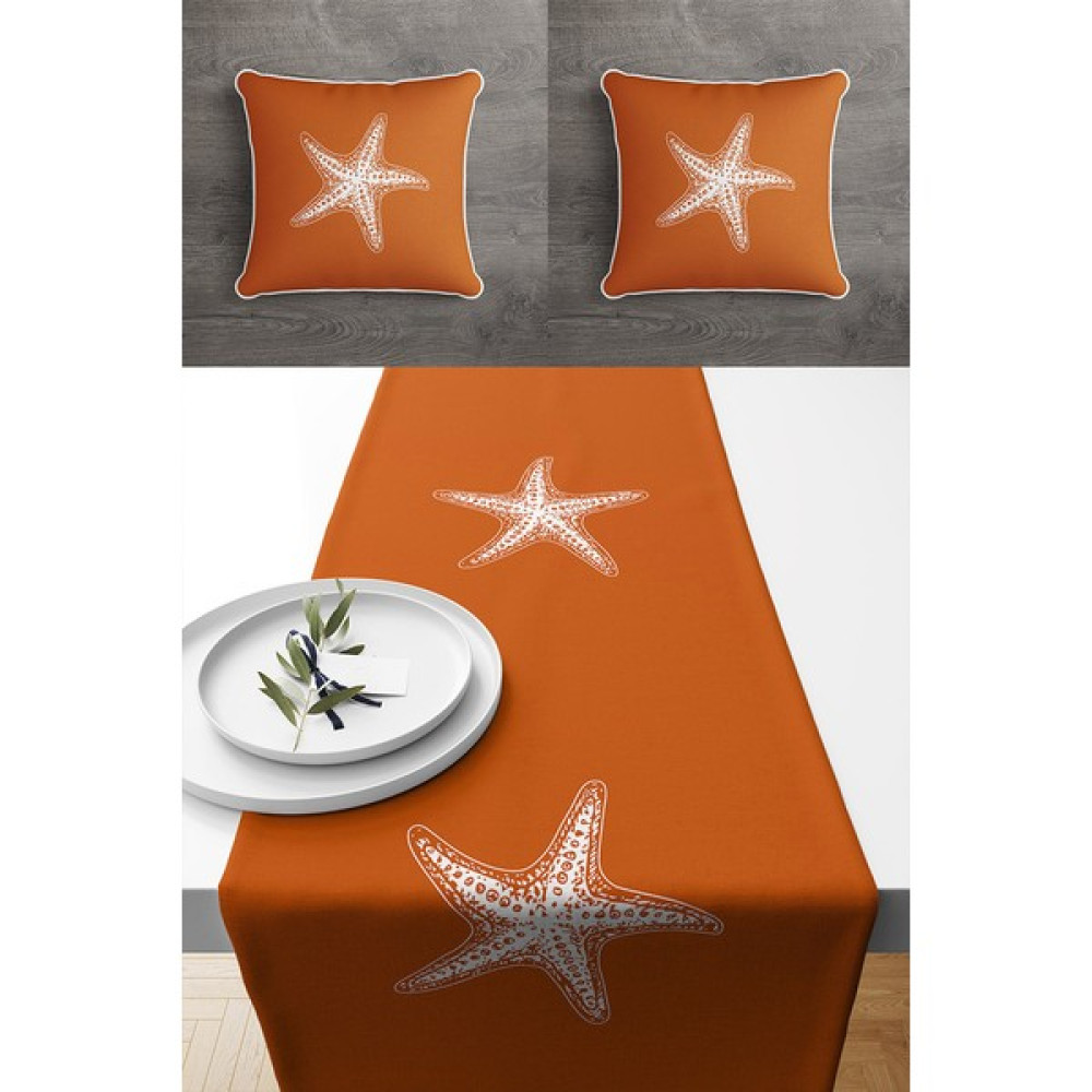 Lux Vie Marin Kırlent Runner Set Çift Tarafı Baskılı Kırlent Kılıfı ve Runner Set - 45 x 45 cm - Turuncu Kırlent / Mobilya Yastığı Fiyatı