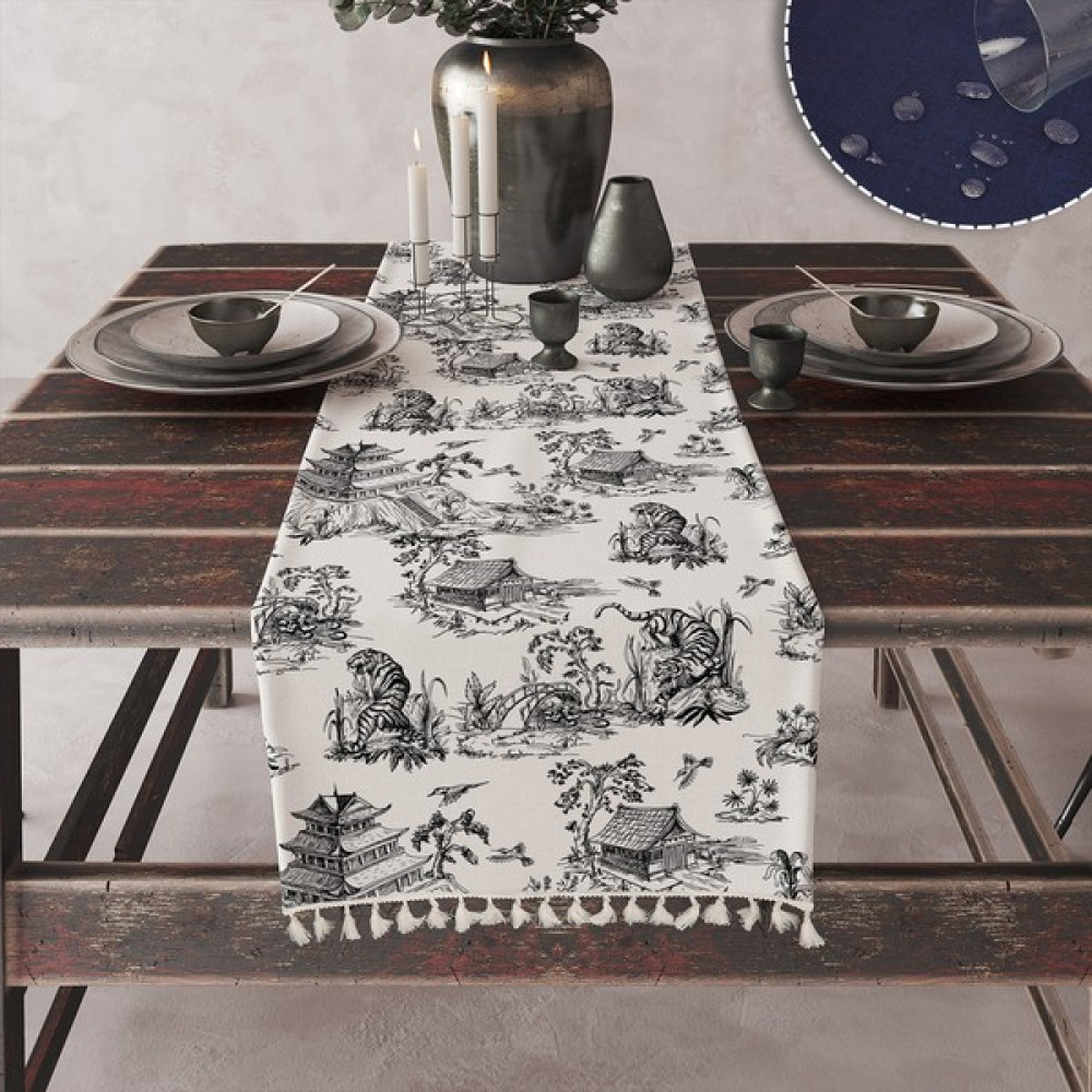 Lux Vie Runner Beyaz Zeminde Vintage Desenli Dijital Baskılı Püsküllü Keten Görünümlü Dokuma Runner - Beyaz - Siyah - 45 x 140 cm Masa Örtüsü Fiyatı