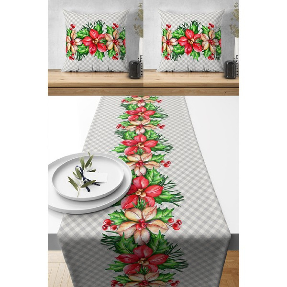 Lux Vie Runner Özel Tasarım Premium Kumaş, 2 Adet Kırlent Kılıfı ve 1 Adet Runner Set - Gri - Açık Pembe - 40 x 140 cm Masa Örtüsü Fiyatı