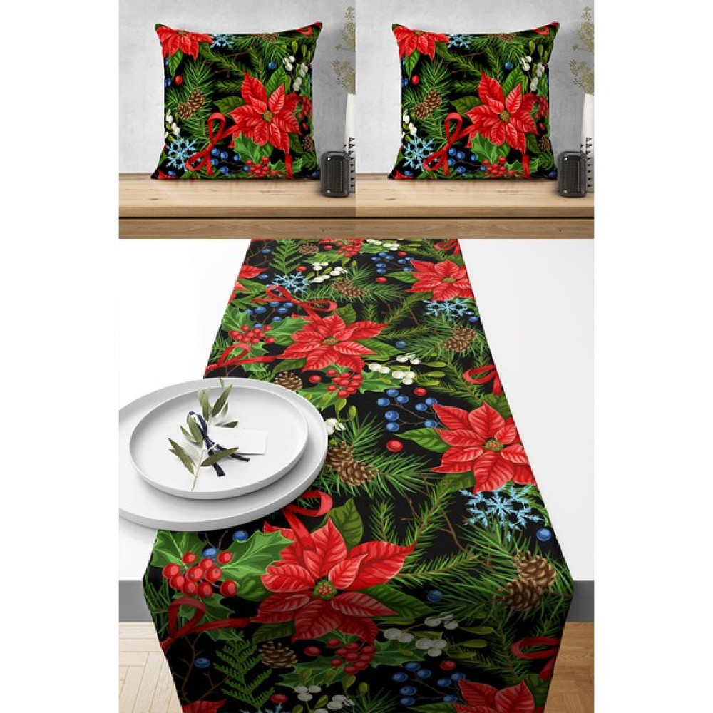 Lux Vie Runner Özel Tasarım Premium Kumaş, 2 Adet Kırlent Kılıfı ve 1 Adet Runner Set - Kırmızı - Mavi - 40 x 140 cm Masa Örtüsü Fiyatı