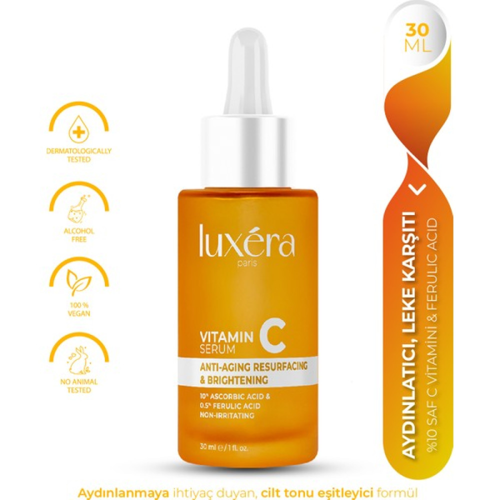 luxera paris Leke ve , Aydınlatıcı, Ton Eşitleyici, Vegan, Antioksidan C Vitamini Serum (%10 L-Ascorbic Acid + %0,5 Ferulic Acid) Anti-Aging / Yaşlanma Karşıtı Fiyatı