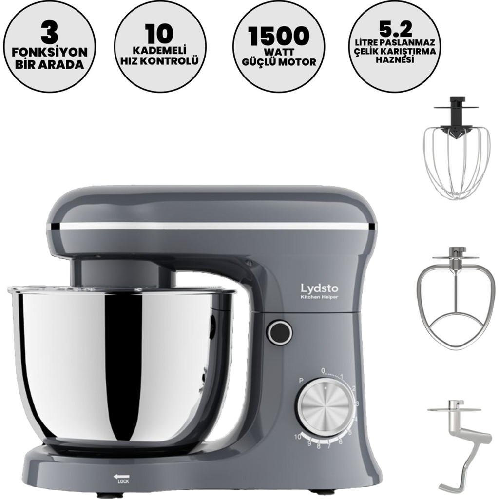 Lydsto Kitchen Helper PV-4700 1500W-5.2 Litre -10 Kademe Hız Ayarı Stand Mikser Hamur Yoğurma Makinesi Antrasit Hamur Yoğurma Makinesi Fiyatı