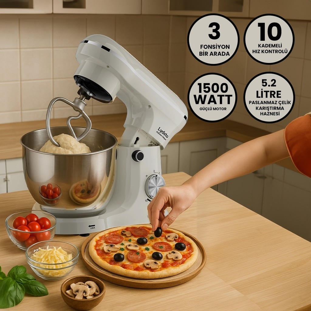 Lydsto Kitchen Helper PV-4700 1500W-5.2 Litre -10 Kademe Hız Ayarı Stand Mikser Hamur Yoğurma Makinesi Krem SSD / Solid State Drive Fiyatı