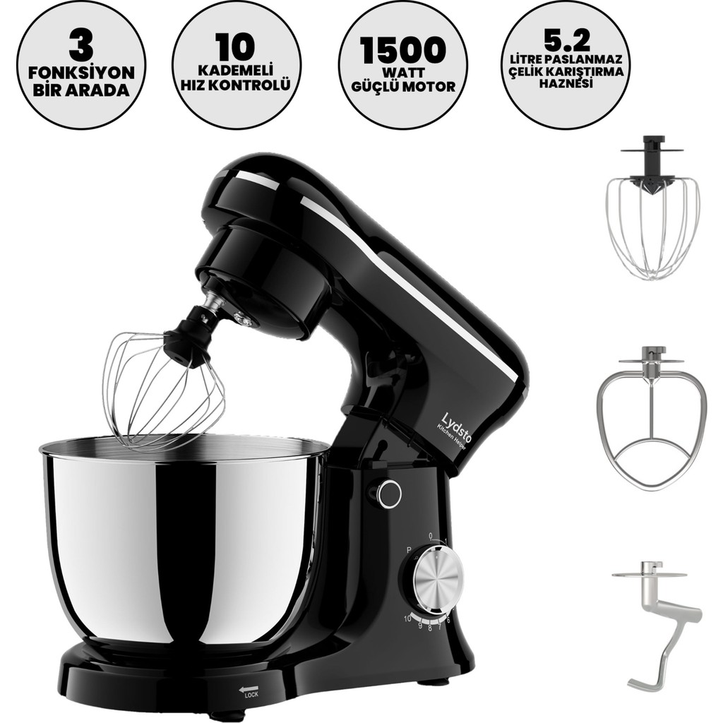 Lydsto Kitchen Helper PV-4700 1500W-5.2 Litre -10 Kademe Hız Ayarı Stand Mikser Hamur Yoğurma Makinesi Siyah Hamur Yoğurma Makinesi Fiyatı