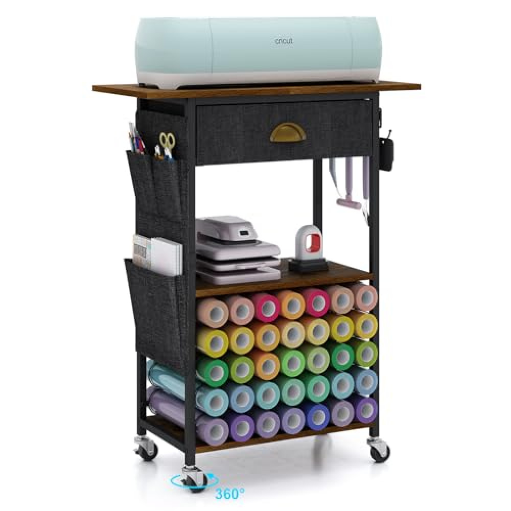Lyuwanxian Craft Organizers and Storage Cart: Craft Room Cart for Organizing Cutting Accessories and Machine, Vinyl Roll Storage and Organization Holder, Heat Press Stand Table with Wheels