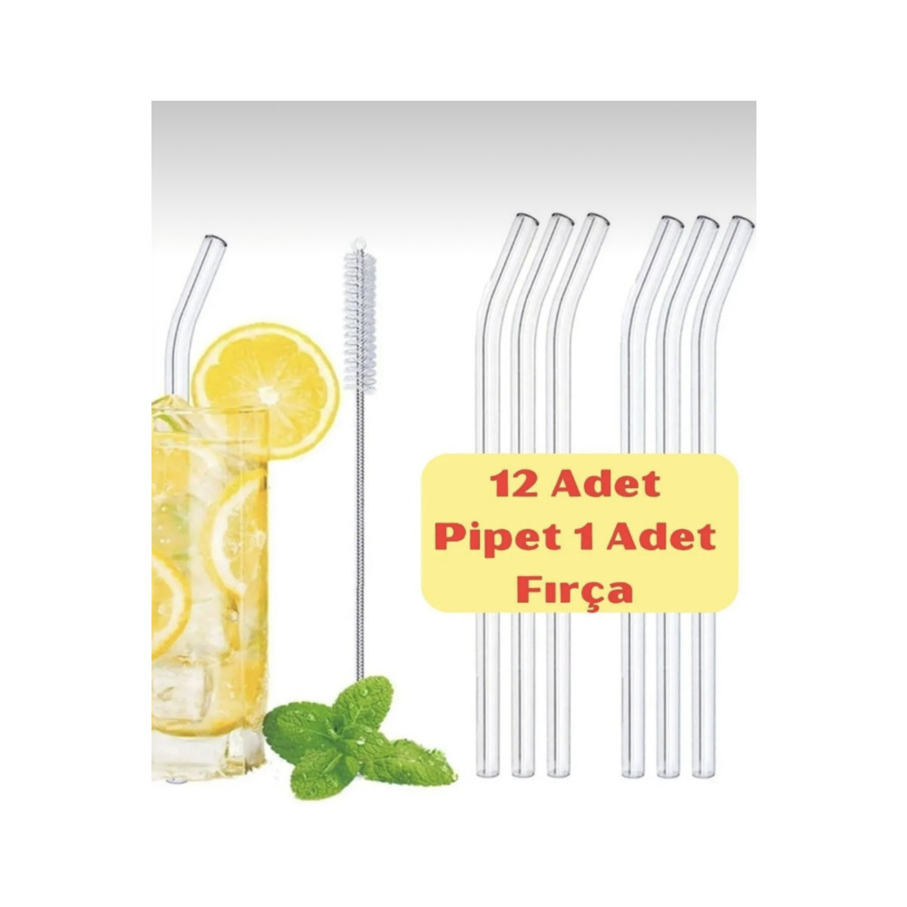 M Mimoza Park Cam Pipet 12 Adet + 1 Adet Temizleme Fırçası Isıya Dayanıklı Eğimli Pipet Yaş Günü & Parti Fiyatı