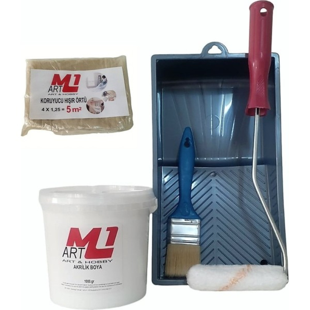 M1 Art Beyaz Akrilik Boya 1.kg Tava+Rulo+Örtü +Fırça -Set -Ahşap, Tuval, Seramik , Duvar ,taş Akrilik Boya Fiyatı