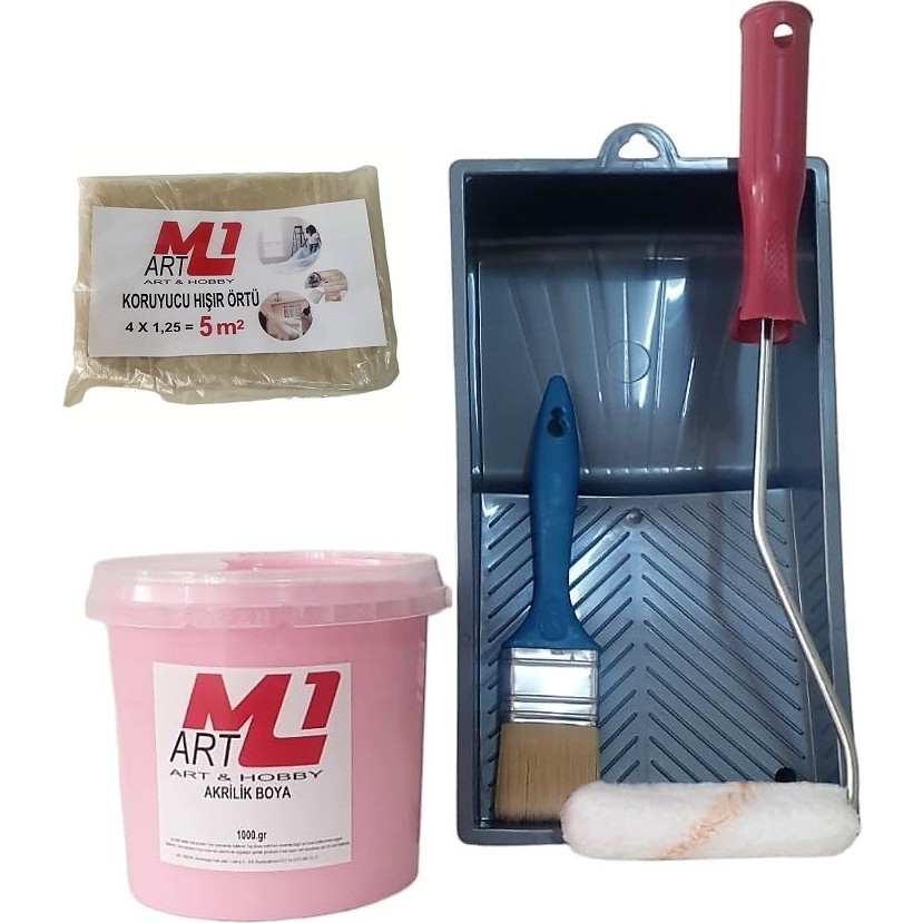 M1 Art Pembe Akrilik Boya 1.kg Tava+Rulo+Örtü +Fırça -Set -Ahşap, Tuval, Seramik , Duvar ,taş Akrilik Boya Fiyatı