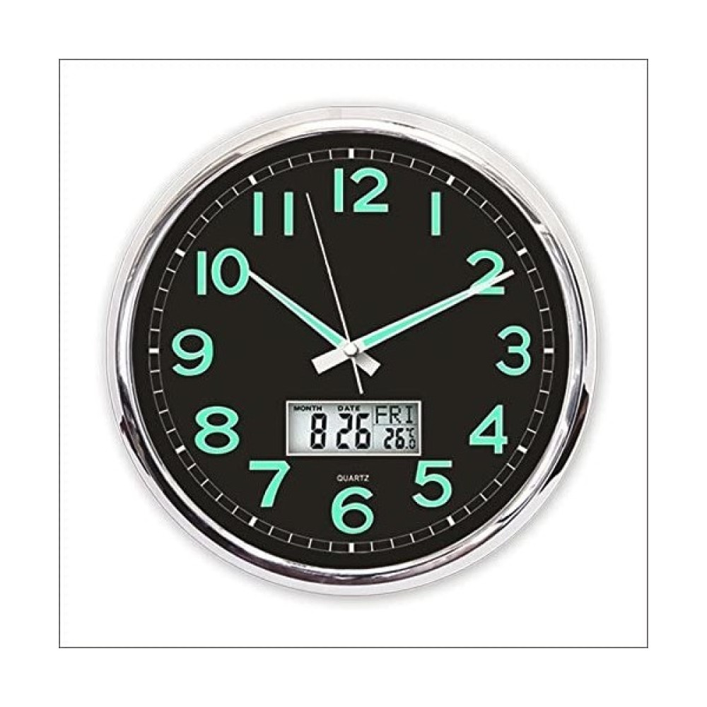 M3 Decorium Fosforlu Termometreli Dijitalli Siyah Zeminli 32CM Duvar Saati Dekoratif Saat Fiyatı