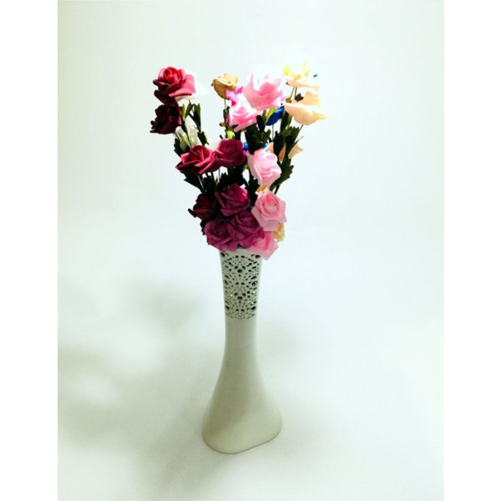 M3 Decorium Uzun Saplı 5 Başlı 7 Renk Güllü Desenli Krem Vazo 40 cm Vazo Fiyatı