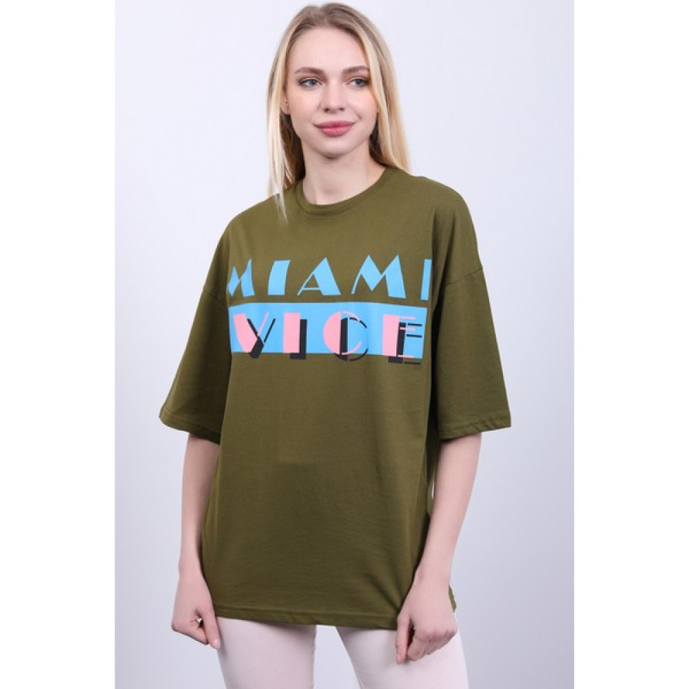 Ma Sorte Miami Vice Baskılı Olive T-Shirt 100% Pamuk Bayan T-shirt Fiyatı