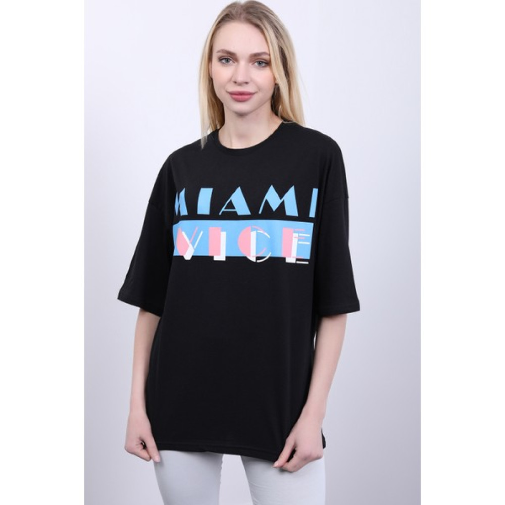 Ma Sorte Miami Vice Baskılı Siyah T-Shirt 100% Pamuk Bayan T-shirt Fiyatı