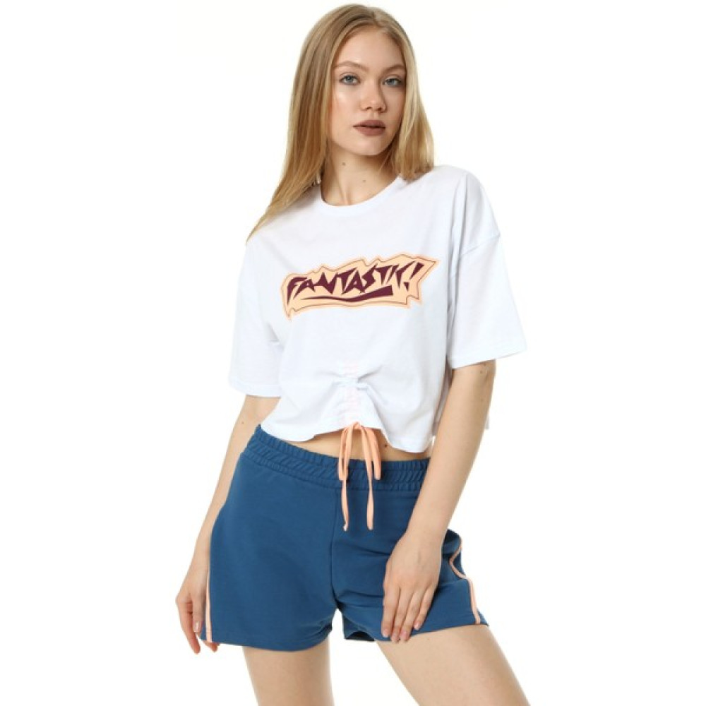 Ma Sorte Ön Büzgülü Fantastik Baskılı Beyaz Crop T-Shirt Bayan T-shirt Fiyatı