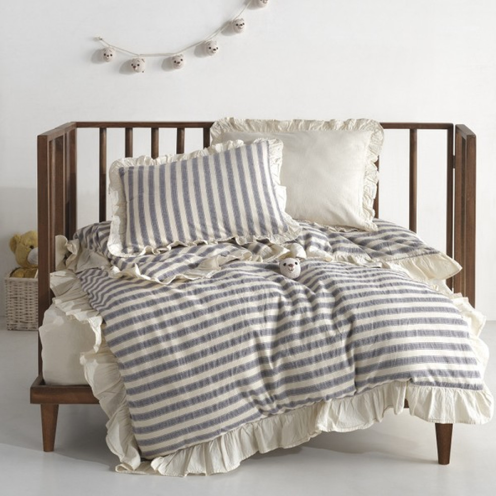 Macas Home Bluesky Bebe %100 Pamuk Fırfırlı Ipliği Boyalı Nevresim Takımı 100*150 - 100 x 150 cm - Bej - Mavi Bebek Nevresim Takımı Fiyatı