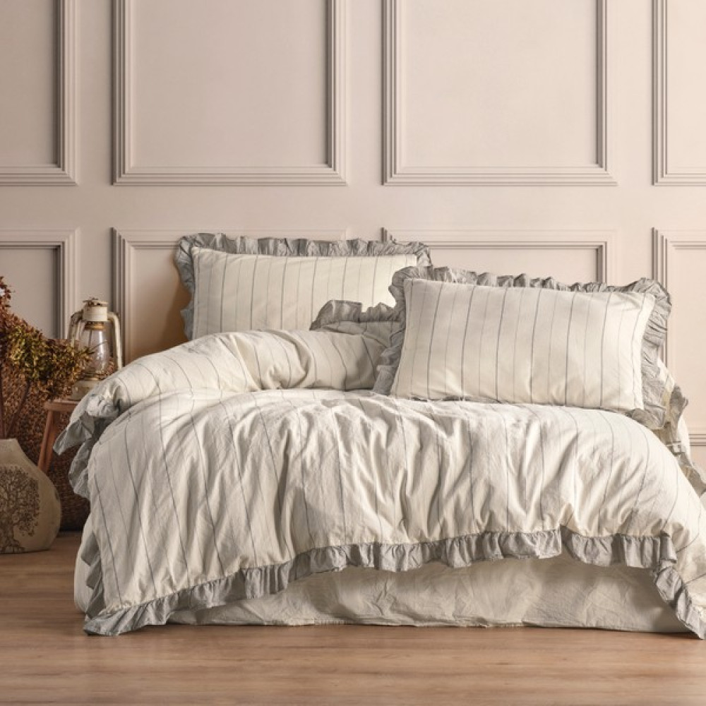Macas Home Bragi %100 Pamuklu Fırfırlı Ipliği Boyalı Çift Kişilik Nevresim Takımı 200*220 - 200 x 220 cm - Bej - Gri Nevresim Takımı Fiyatı
